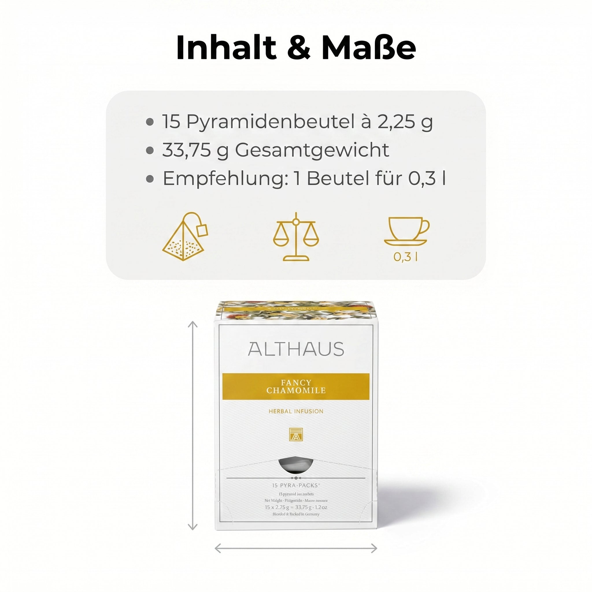 Althaus Kamillentee Fancy Chamomile, Kräutertee im Pyramidenbeutel mit Zitronenverbene, Hagebutte & Zimt, koffeinfrei, 100% abbaubare Beutel, in Deutschland gemischt & verpackt