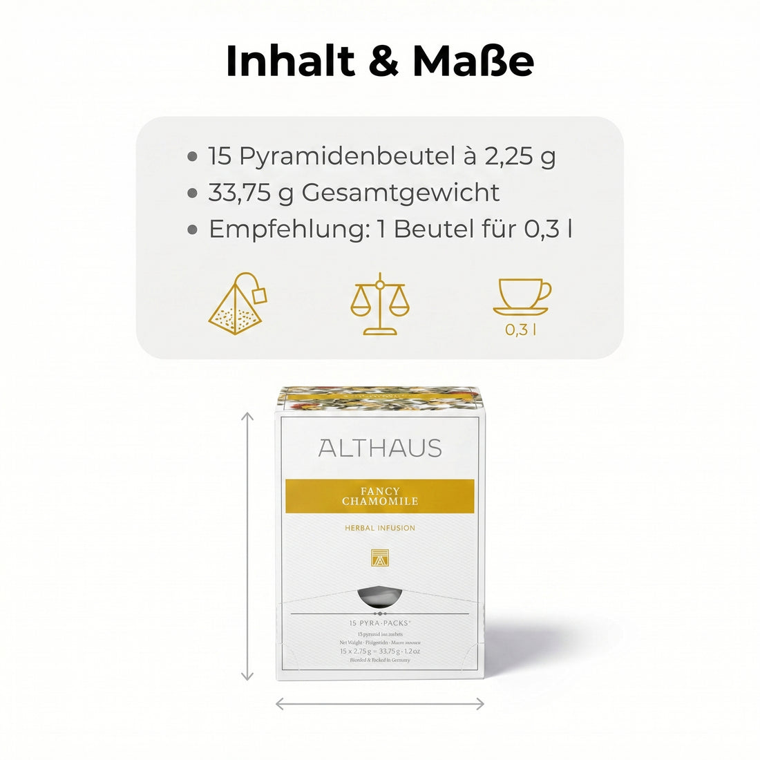 Althaus Kamillentee Fancy Chamomile, Kräutertee im Pyramidenbeutel mit Zitronenverbene, Hagebutte & Zimt, koffeinfrei, 100% abbaubare Beutel, in Deutschland gemischt & verpackt