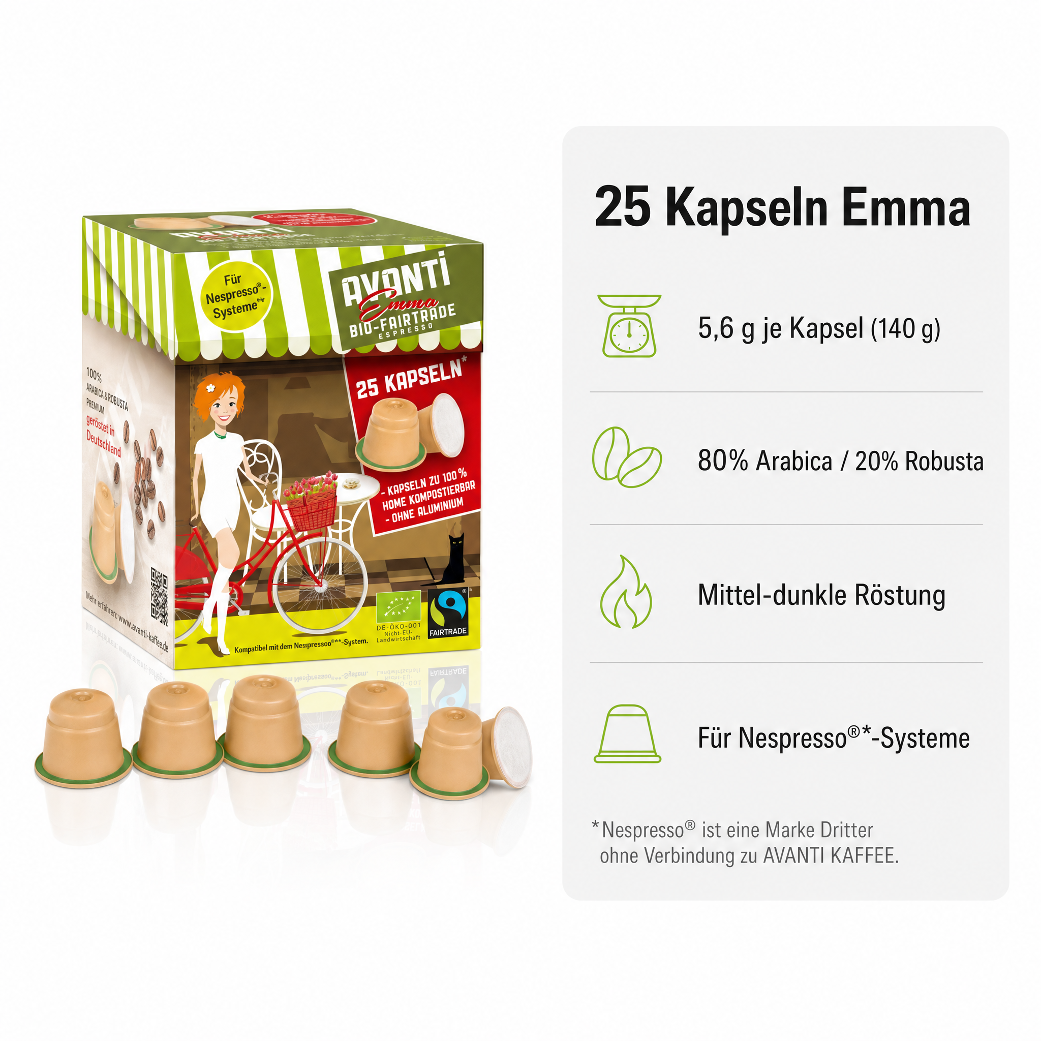 Avanti Kapseln Bio & Fairtrade Espresso EMMA, kompatibel mit Nespresso Kaffeekapseln, kompostierbar & ohne Aluminium, 80% Arabica/20% Robusta, mittel-dunkle Röstung, geröstet in der Schweiz