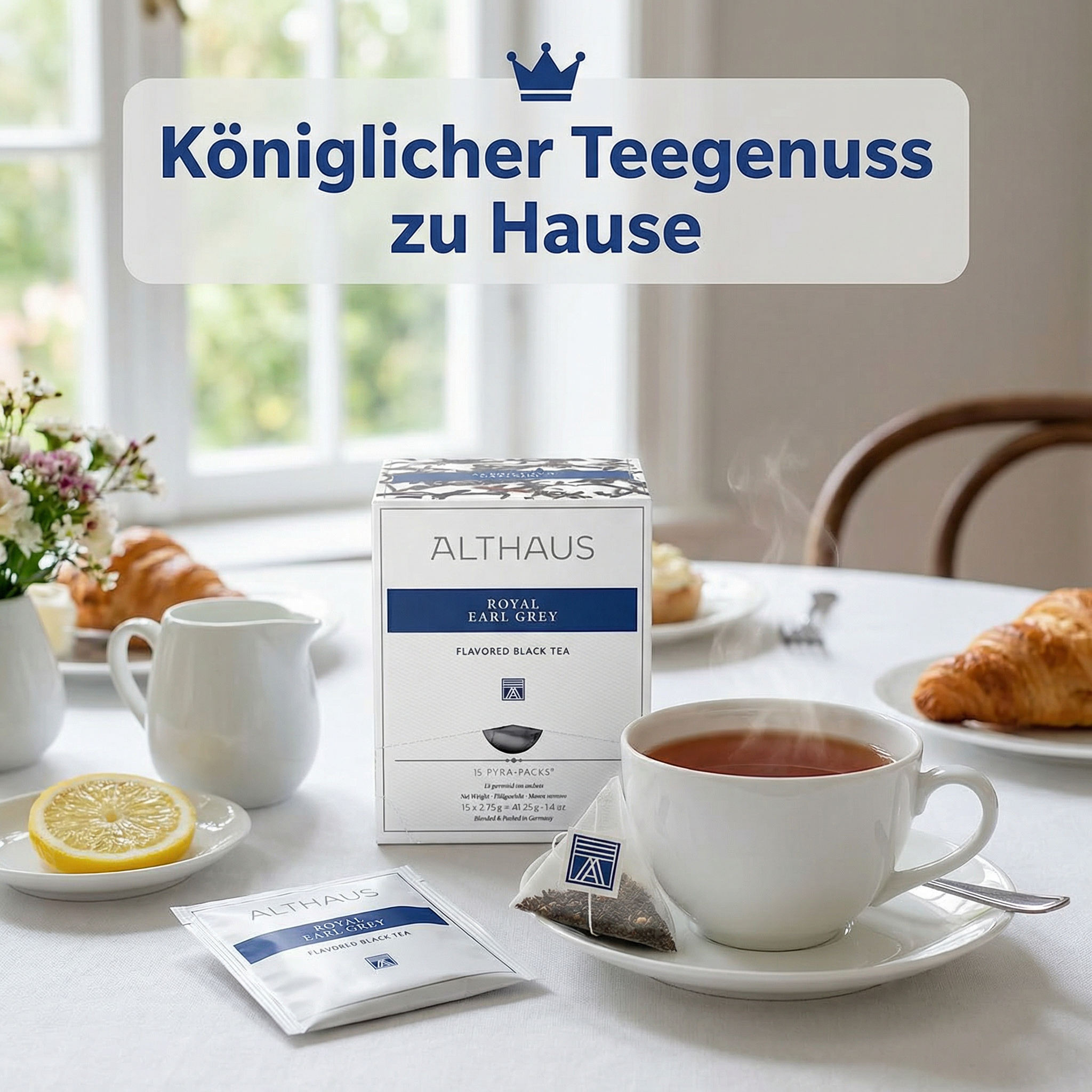 Althaus Earl Grey Teebeutel Royal Earl Grey, aromatisierter Schwarzer Tee mit Bergamotte, Pyramiden-Teebeutel einzeln verpackt, premium Schwarztee, Blended & Packed in Germany, elegante Spenderbox