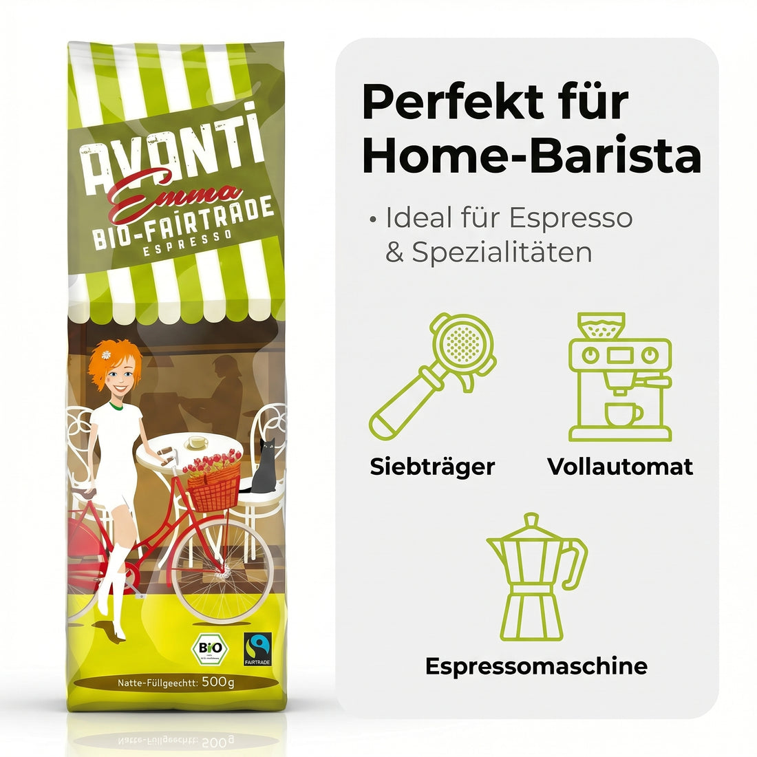 AVANTI Emma Kaffeebohnen, Bio Fairtrade Espresso, ganze Bohnen 500 g, 80% Arabica 20% Robusta, säurearme Langzeit-Trommelröstung (mitteldunkel), Schweizer Röstung und Abfüllung