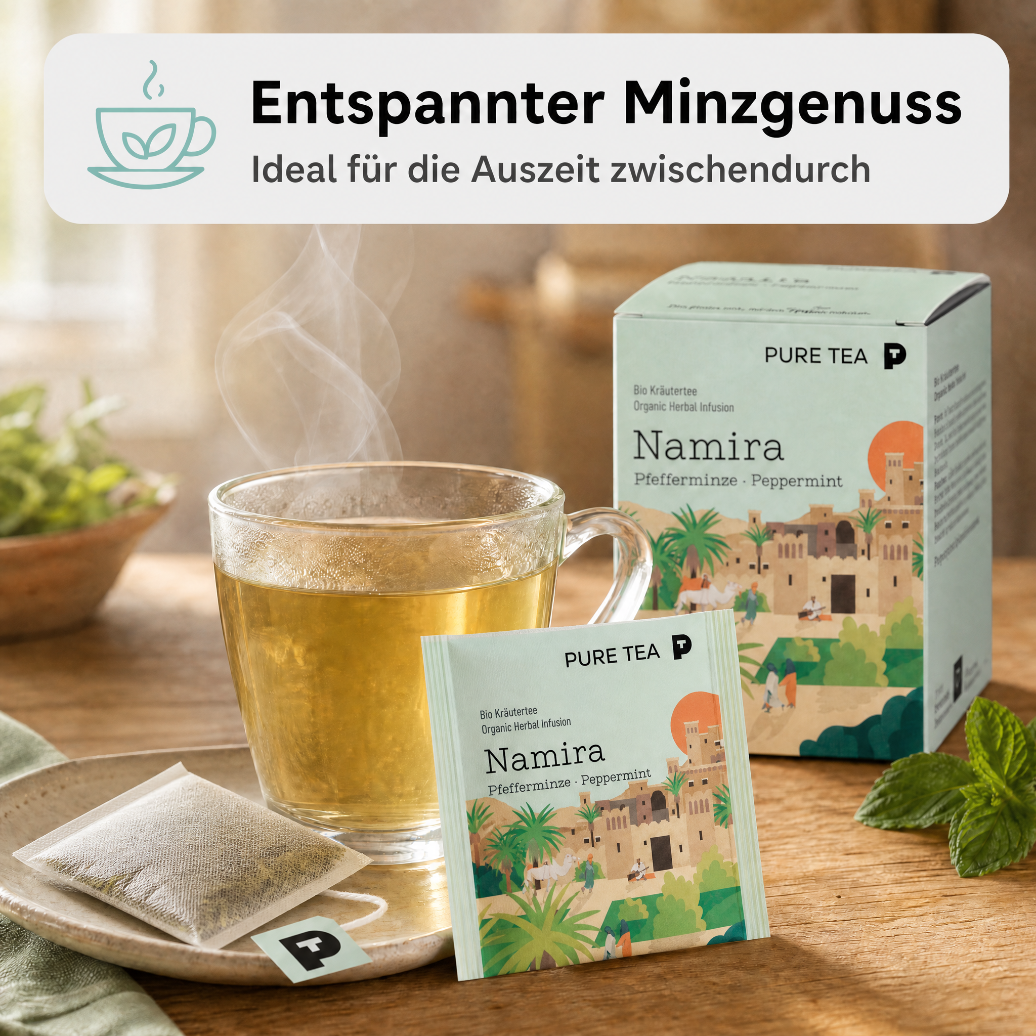 PURE TEA Namira Bio-Pfefferminztee, Kräutertee, 15 Kissenbeutel einzeln verpackt, Dispenserbox 12 x 9 x 9 cm, koffeinfrei, aus biologischem Anbau, mit nordafrikanischem Landschaftsmotiv
