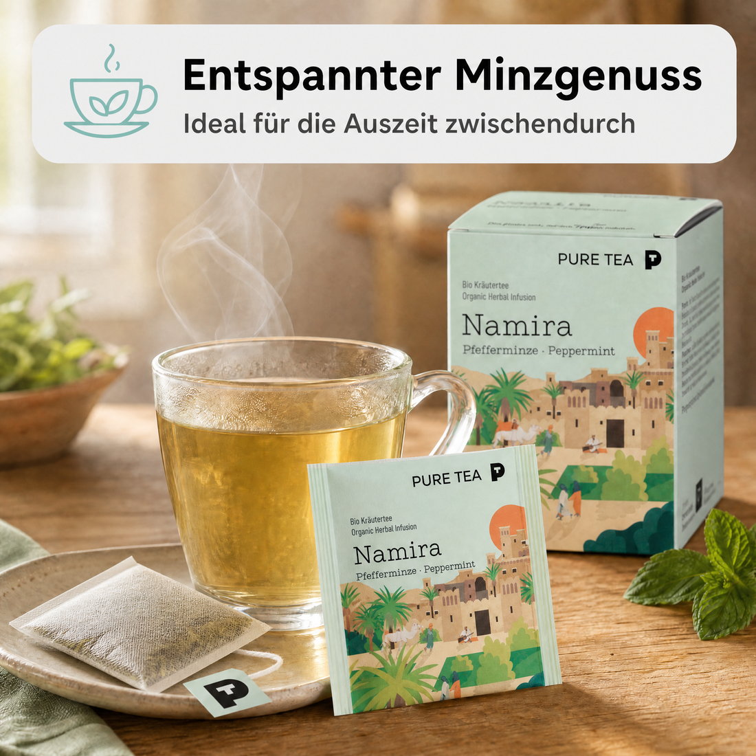 PURE TEA Namira Bio-Pfefferminztee, Kräutertee, 15 Kissenbeutel einzeln verpackt, Dispenserbox 12 x 9 x 9 cm, koffeinfrei, aus biologischem Anbau, mit nordafrikanischem Landschaftsmotiv