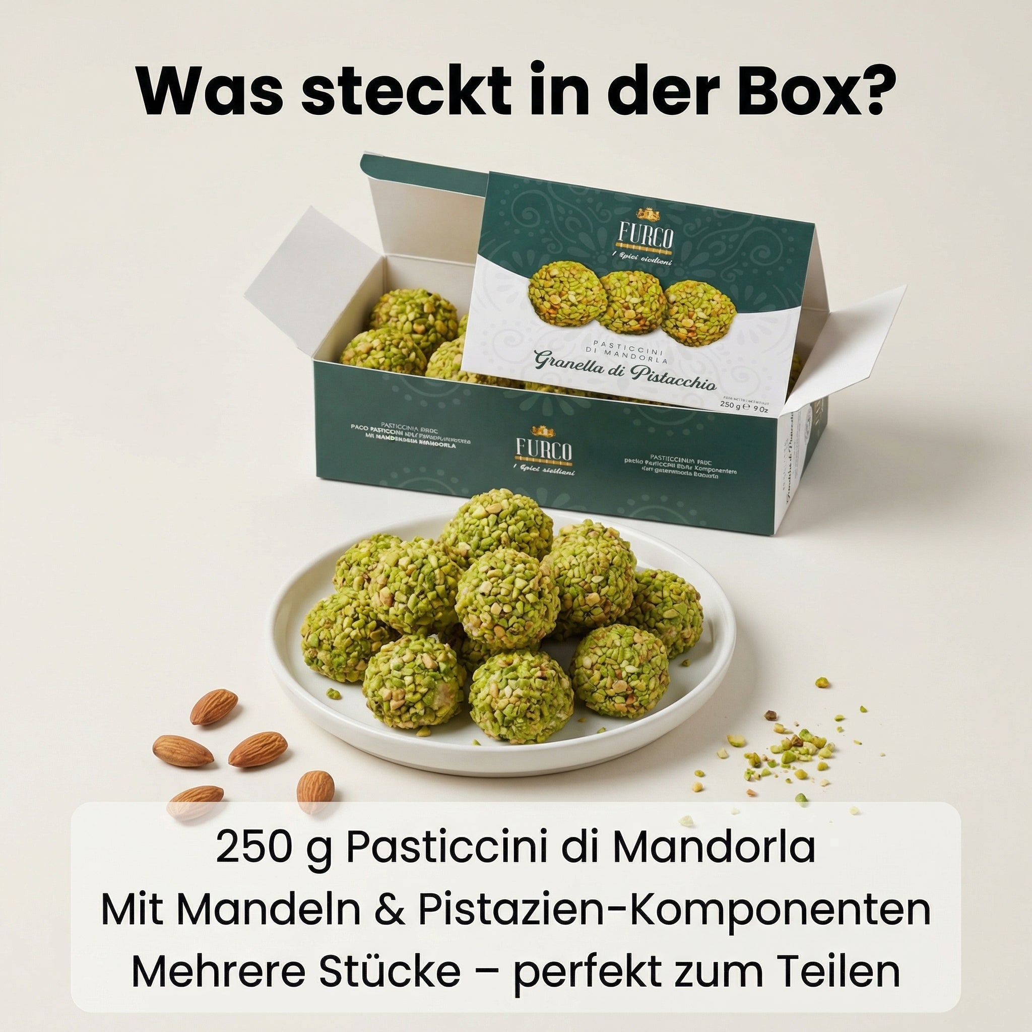 FURCO Pasticcini di Mandorla, italienisches Mandelgebäck mit Pistazien-Granella, sizilianisches Mandelgebäck für Espresso & Kaffee, Pistaziengebäck in Box, 250 g