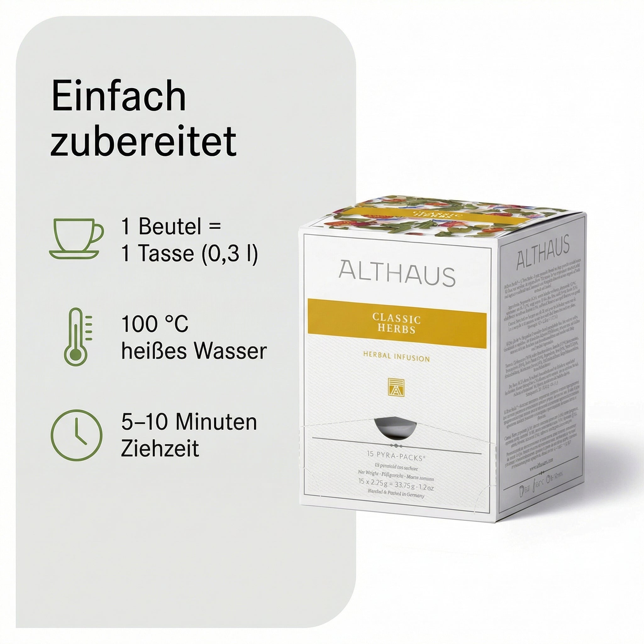 ALTHAUS Kräutertee Classic Herbs, koffeinfrei im Pyramidenbeutel, Pfefferminze-Kamille-Salbei harmonisch abgestimmt, 15 × 2,25 g = 33,75 g, in Deutschland gemischt & verpackt