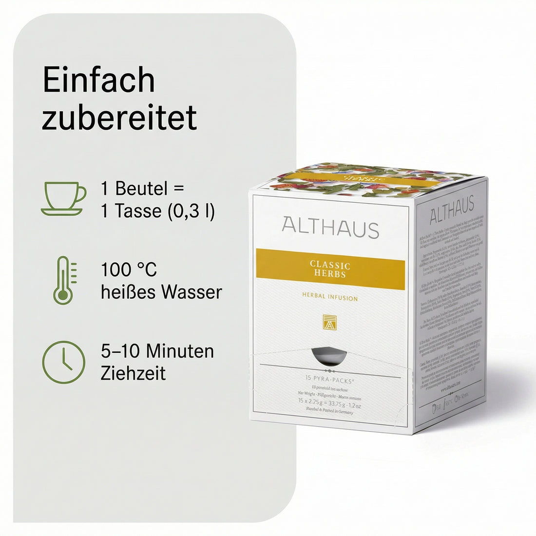 ALTHAUS Kräutertee Classic Herbs, koffeinfrei im Pyramidenbeutel, Pfefferminze-Kamille-Salbei harmonisch abgestimmt, 15 × 2,25 g = 33,75 g, in Deutschland gemischt & verpackt