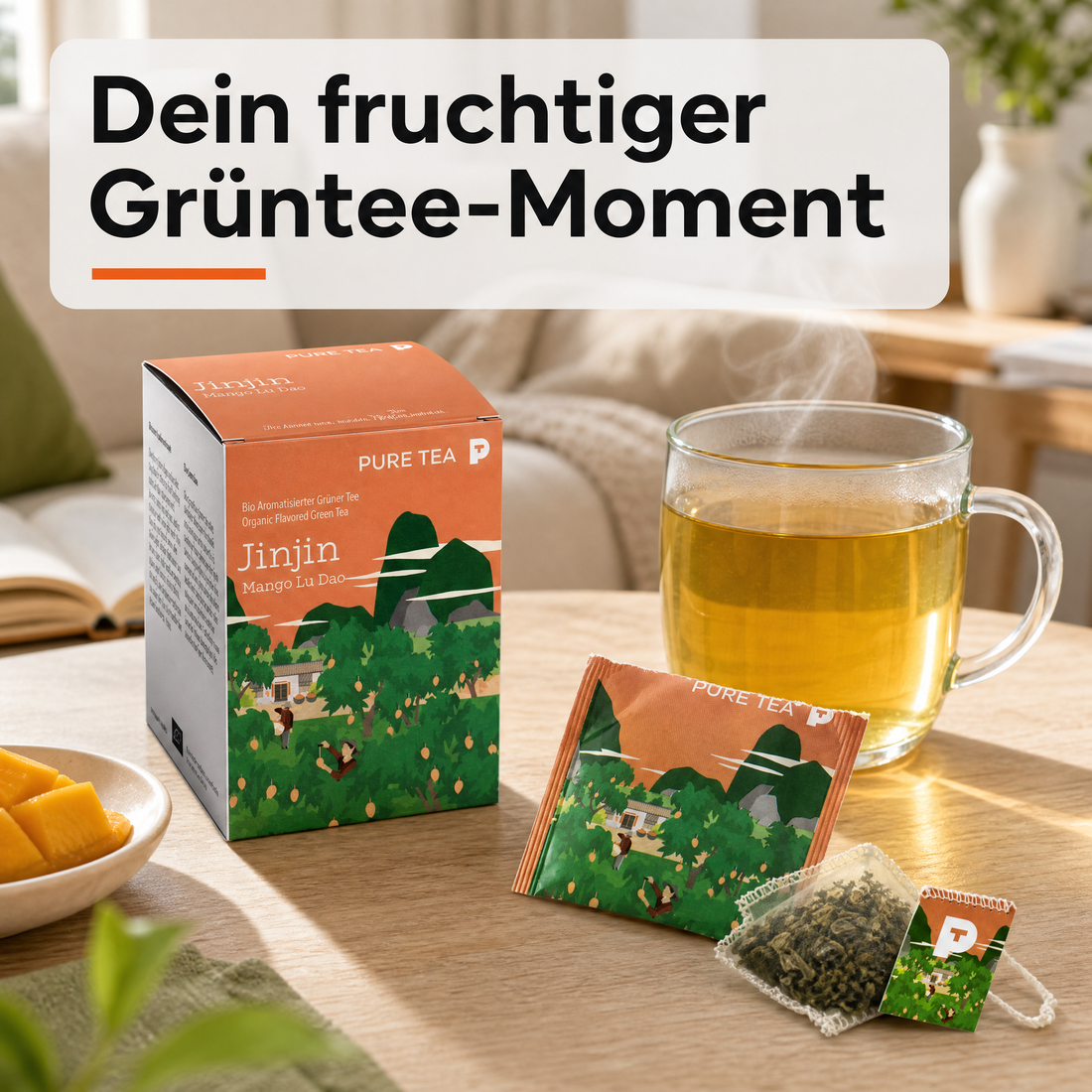 PURE TEA Jinjin Bio Grüner Tee Mango Lu Dao, aromatisierter Grüntee in flachen Kissenbeuteln, 15 x 3 g, einzeln verpackt, Dispenserbox 12 x 9 x 9 cm, glutenfrei, mittlerer Koffeingehalt