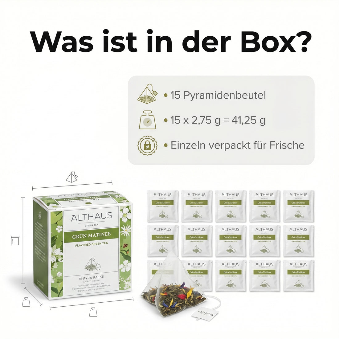 ALTHAUS Grüner Tee Grün Matinee, aromatisierter Sencha Tee mit Blüten, 15 Pyramiden-Teebeutel, einzeln verpackt, 41,25 g, 100 % biologisch abbaubare Beutel, in Deutschland gemischt & verpackt