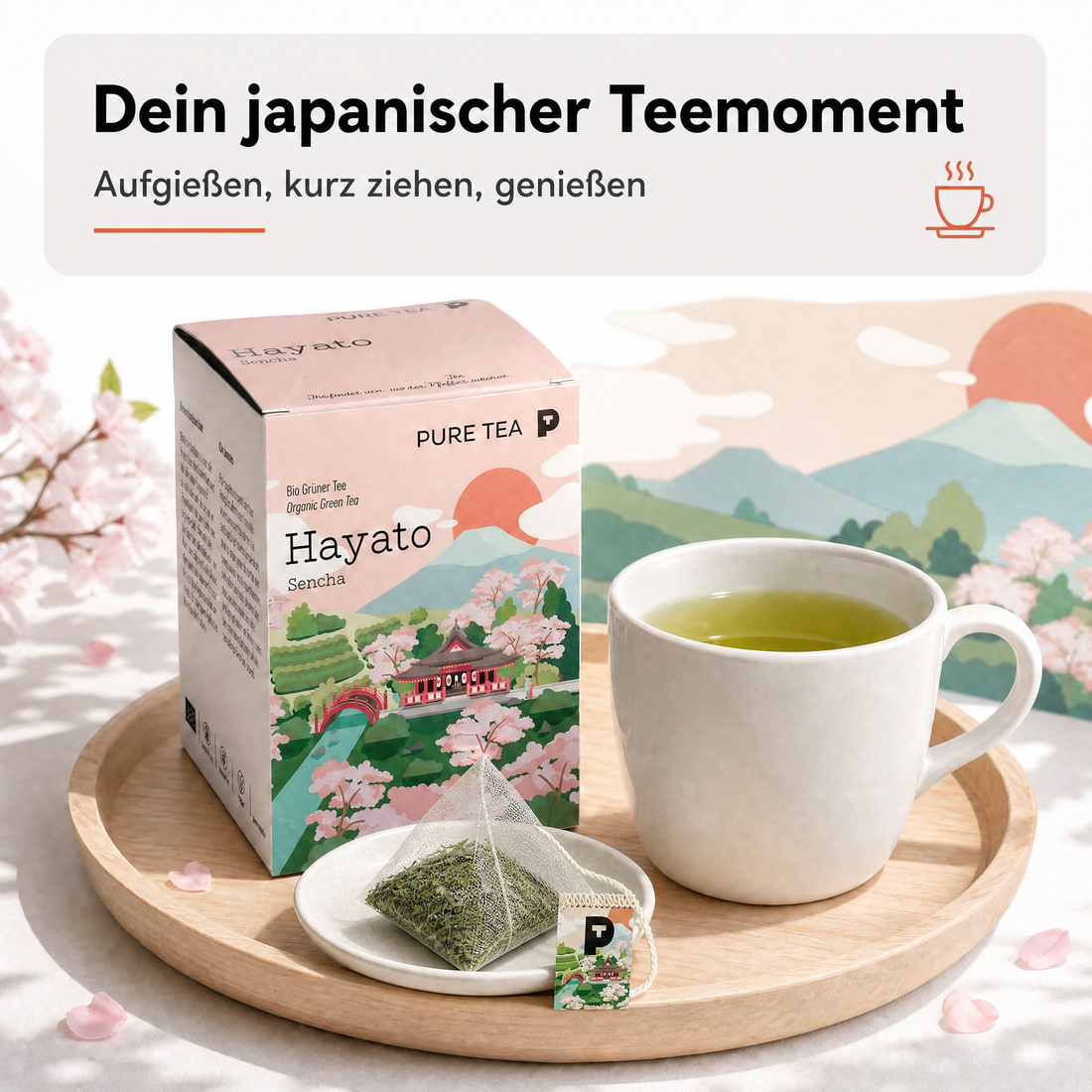 Pure Tea Grüner Tee Sencha Hayato, japanischer Bio Grüntee im Kissenbeutel, 15 Beutel à 3 g, Premiumqualität, Dispenserbox, frisch-duftiges Aroma