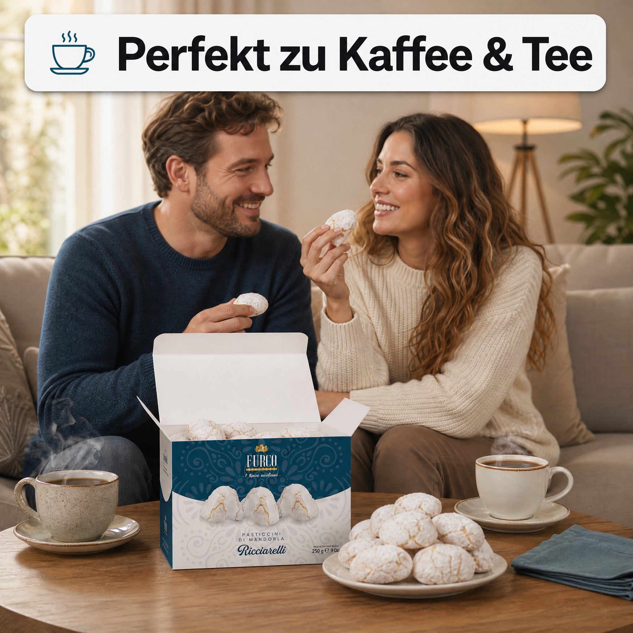 Furco Italienische Kekse Ricciarelli, Mandelgebäck mit Puderzucker, weiche zarte Textur, elegante Geschenkbox, italienisches Gebäck zu Kaffee & Tee, 250 g