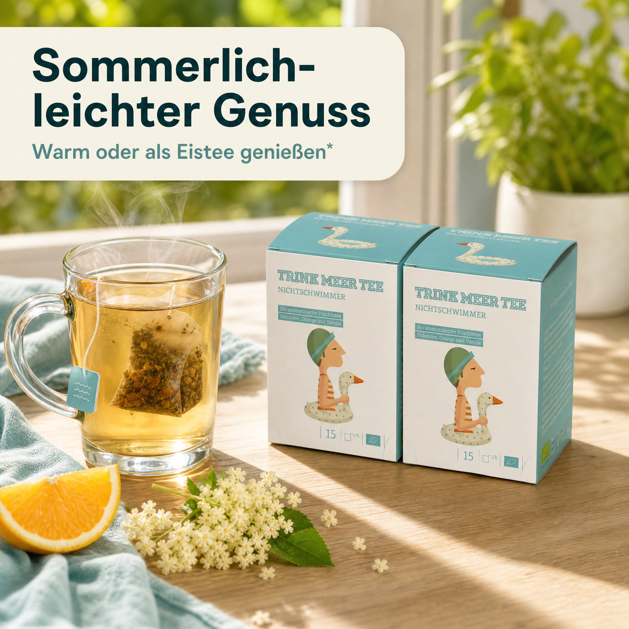 Trink Meer Tee Bio Früchtetee Nichtschwimmer, aromatisiert mit Holunder, Orange und Vanille, handgenähte Kissenbeutel, koffeinfrei, vegan und glutenfrei, zertifiziert, 15 Kissenteebeutel