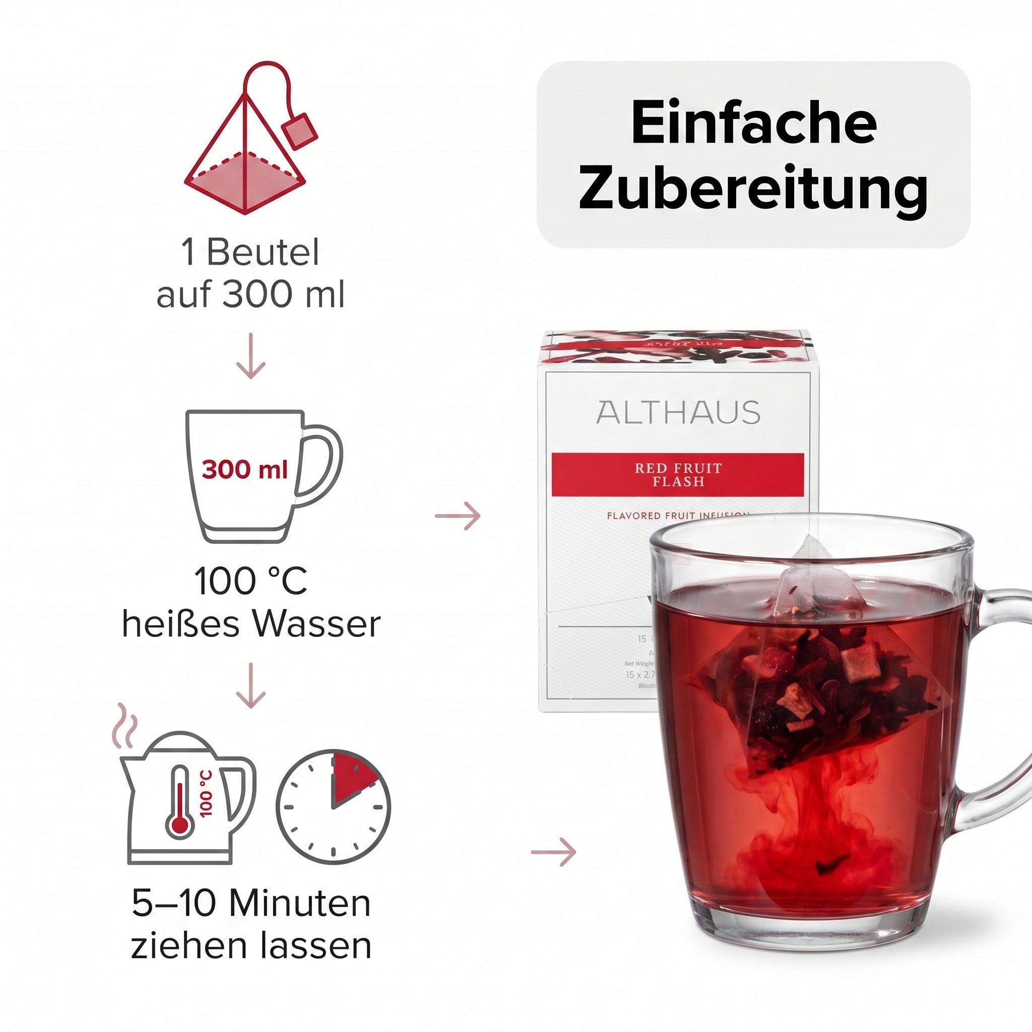 Althaus Früchtetee Red Fruit Flash, aromatisierte Fruchtinfusion in Pyramiden-Teebeuteln, einzeln verpackt, abbaubare Pyra-Packs, rote Tassenfarbe, Blended & Packed in Germany