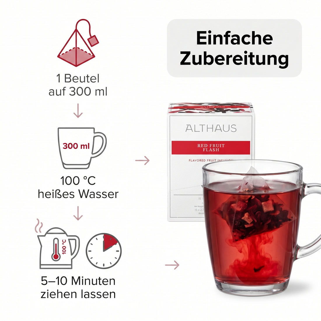 Althaus Früchtetee Red Fruit Flash, aromatisierte Fruchtinfusion in Pyramiden-Teebeuteln, einzeln verpackt, abbaubare Pyra-Packs, rote Tassenfarbe, Blended & Packed in Germany