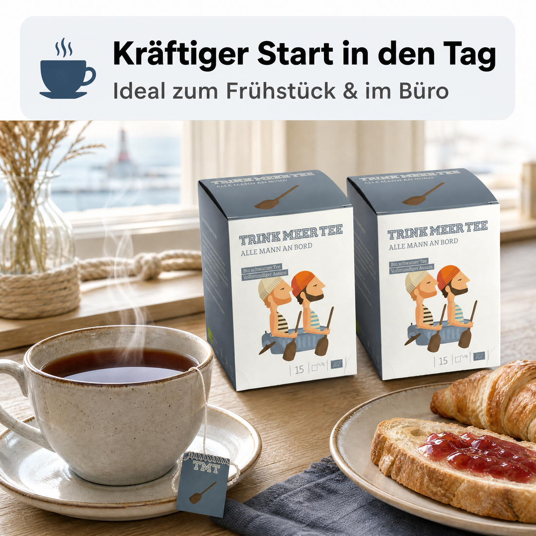 Trink Meer Tee Bio Schwarzer Tee, Alle Mann an Bord, Assam Tee hocharomatisch malzig-feinwürzig, Packung mit 15 handgenähten Kissenbeuteln à 3 g, 45 g, maritimes Geschenk