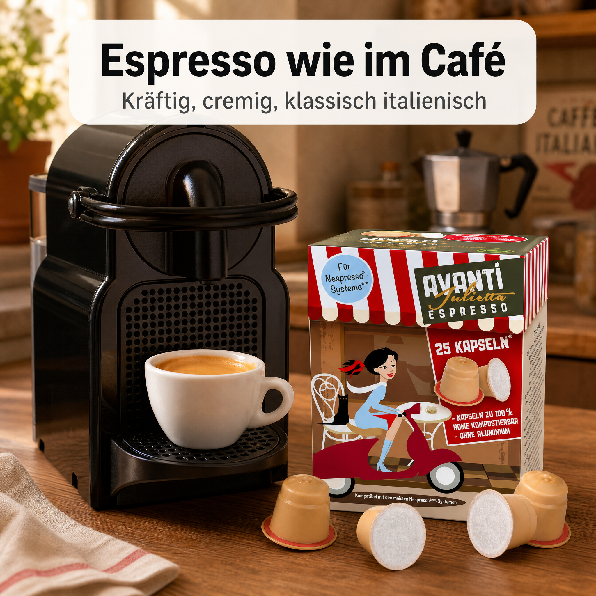Avanti Julietta in Biocaps* Kapseln, 70% Arabica 30% Robusta, kräftige Crema und geringe Säure, kompostierbare Kapseln ohne Aluminium, kompatibel mit Nespresso Original, 25 Stück