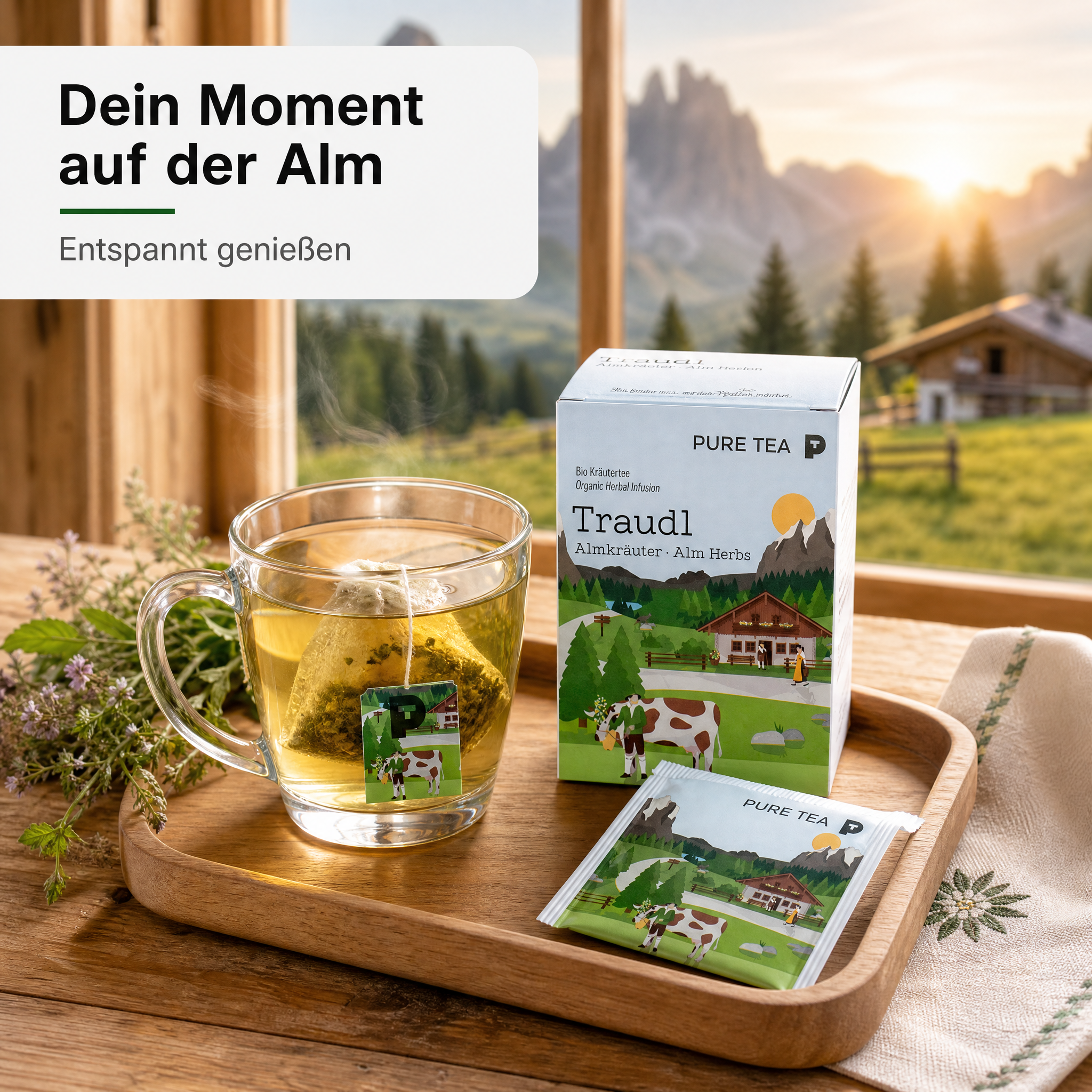 PURE TEA Traudl Bio Kräutertee Almkräuter, koffeinfreier Alpenkräuter Tee als Kräutermischung mit Spitzwegerich, Apfelminze & Melisse, einzeln verpackte Kissenbeutel in Dispenserbox