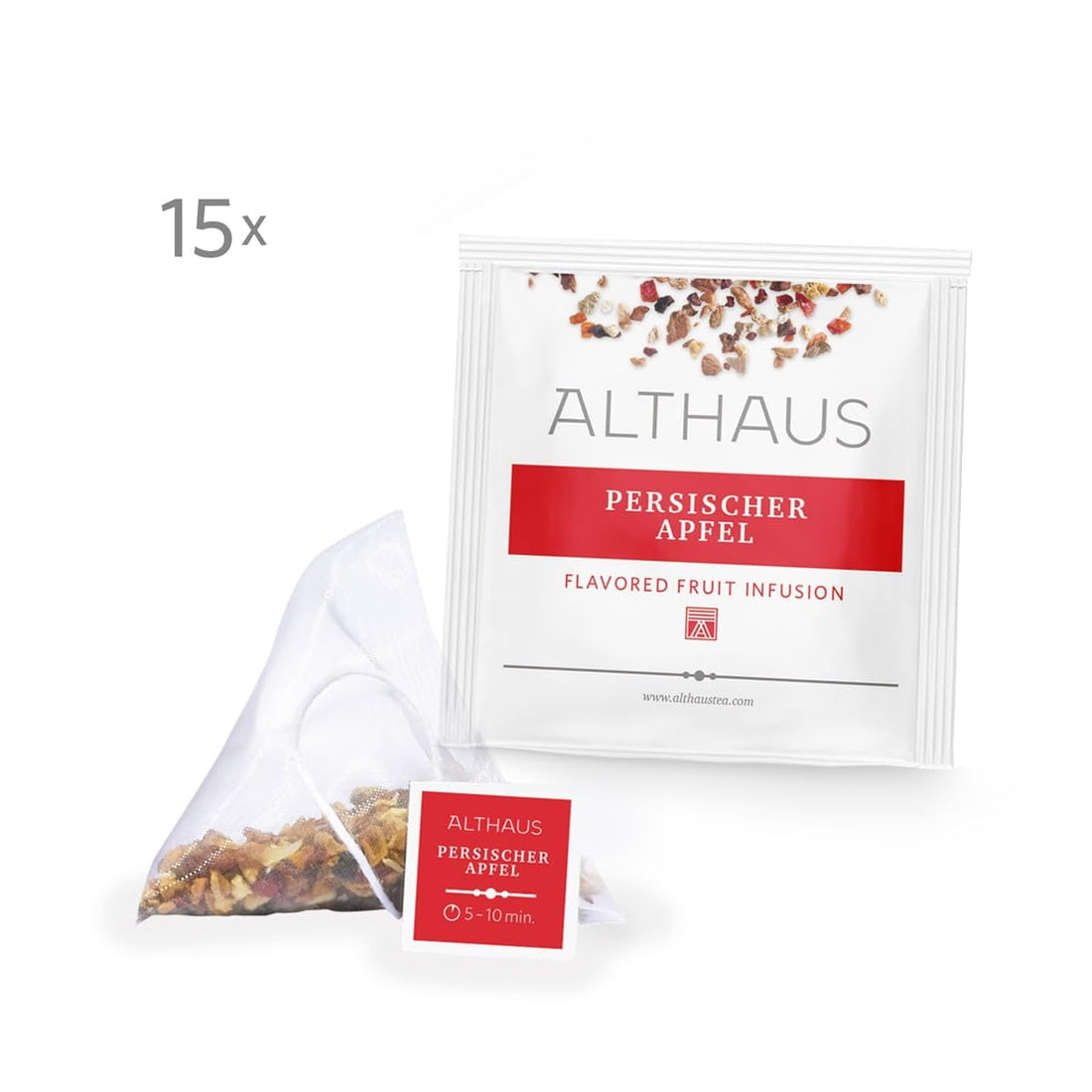 Althaus Persischer Apfel, Aromatisierter Früchtetee, 15 Pyramidenbeutel, 41,25g, Apfel-Zitrone Geschmack