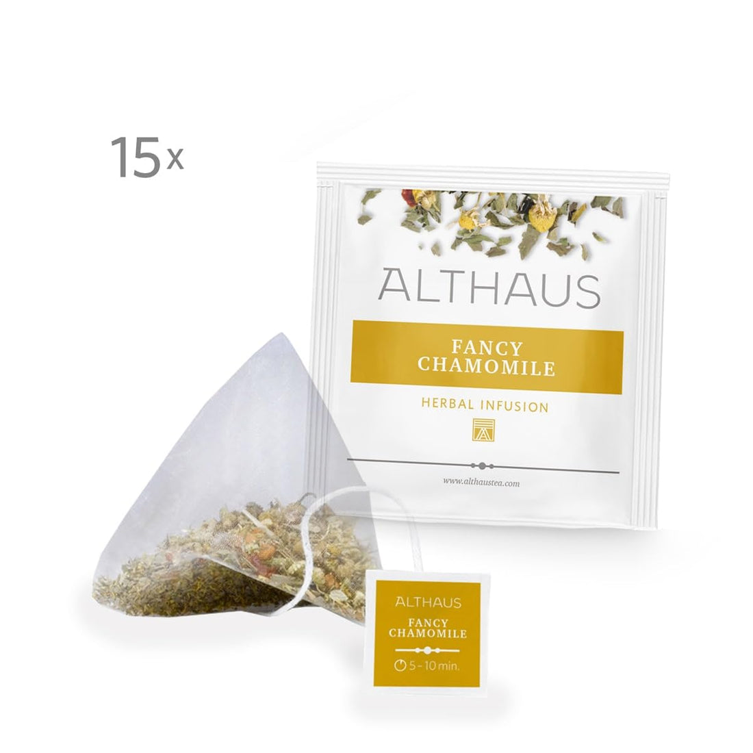 Althaus Fancy Chamomile Kräutertee, 15 Pyramidenbeutel, 33,75g, Kamille mit Verbena und Zimt