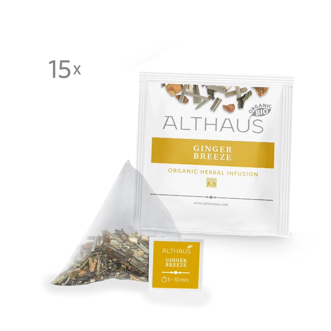 Althaus Ginger Breeze Kräutertee, 15 Pyramidenbeutel, 2,5g pro Beutel, Ingwer-Zitronengras-Mischung