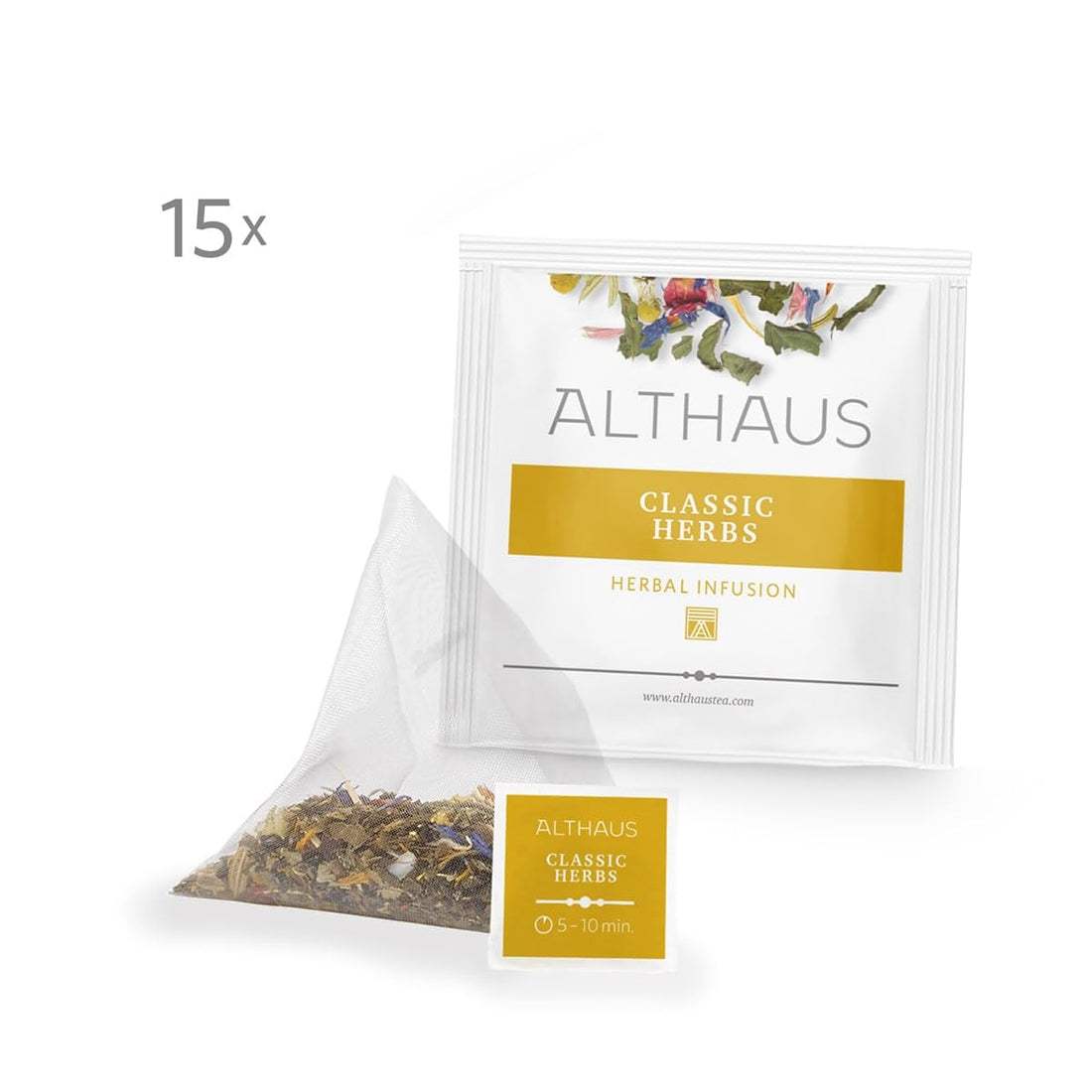 Althaus Classic Herbs Kräutertee, 15 Pyramidenbeutel, 33,75g, Pfefferminze-Kamille-Salbei Mischung