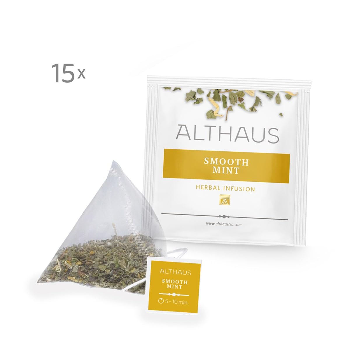 Althaus Smooth Mint Kräutertee, 15 Pyramidenbeutel, Pfefferminze-Krauseminze Mischung, 26,25g