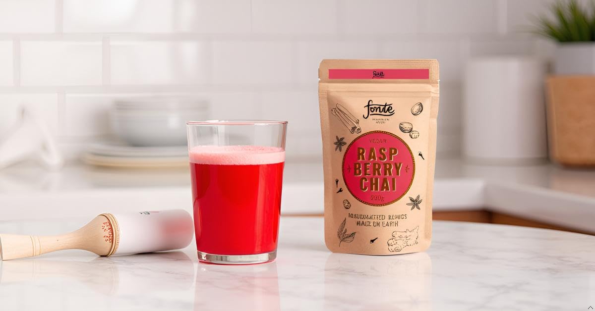 Fonte Vegan Raspberry Chai Latte Pulver, Handgemachte Gewürzmischung mit Schwarzem Tee und Himbeere, 250g Packung, Natürliche Zutaten
