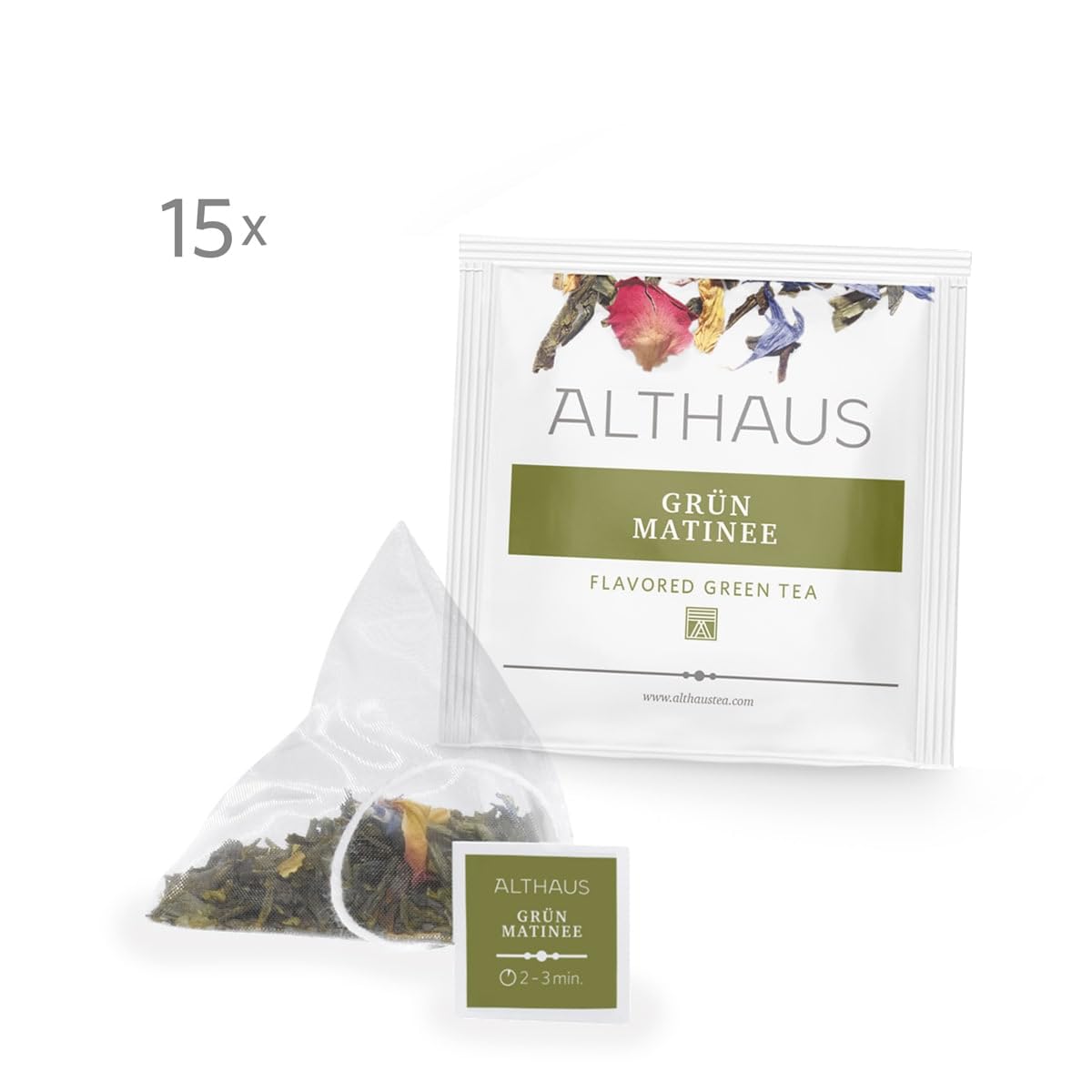 Althaus Grün Matinee, Aromatisierter Grüner Tee mit Blüten, 15 Pyramidenbeutel, 41,25g