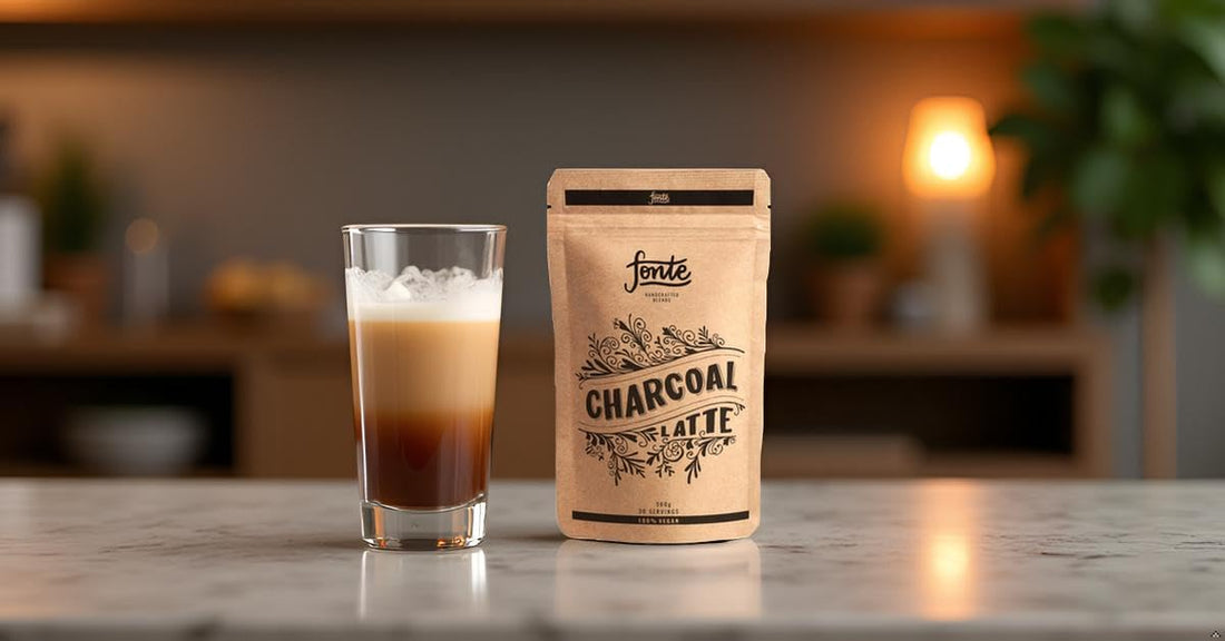 Fonte Handcrafted Charcoal Latte, Veganes Aktivkohle Getränkepulver, 300g für 30 Portionen, Mit Kokosblütenzucker und Ingwer, Für Warme und Kalte Zubereitung