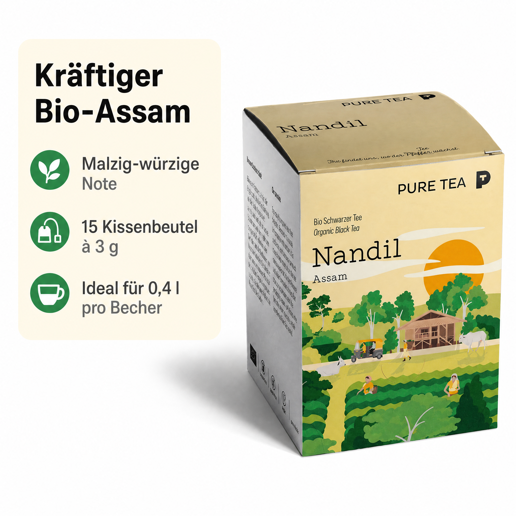 Pure Tea Nandil Bio Schwarzer Tee Assam, 15 Kissenbeutel à 3 g, Kräftiger, malzig-würziger Assam-Schwarztee in einzeln verpackten Kissen-Teebeuteln