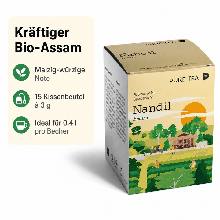 Pure Tea Nandil Bio Schwarzer Tee Assam, 15 Kissenbeutel à 3 g, Kräftiger, malzig-würziger Assam-Schwarztee in einzeln verpackten Kissen-Teebeuteln