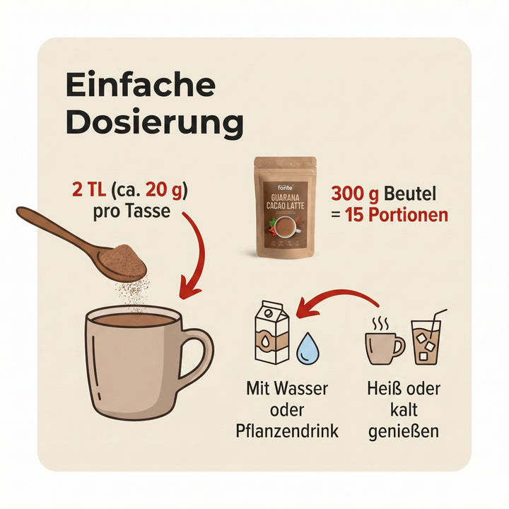 Fonte Guarana Cacao Latte, veganes Getränkepulver für schokoladigen Latte-Genuss, heiß & kalt anrührbar, 300 g = 15 Portionen, Guarana Kakao Latte, Kakao Latte Pulver, 100% vegan