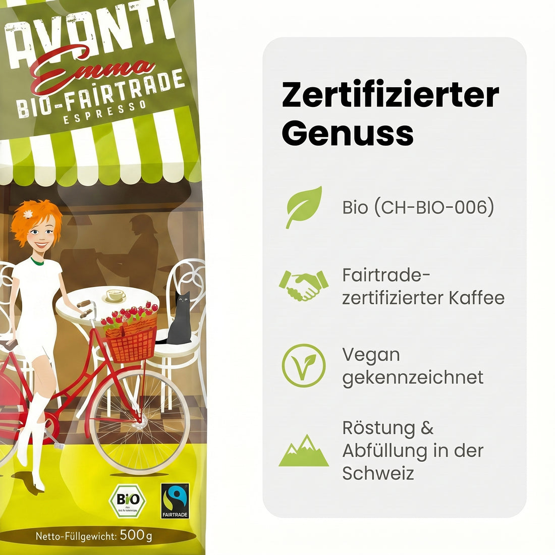 AVANTI Emma Kaffeebohnen, Bio Fairtrade Espresso, ganze Bohnen 500 g, 80% Arabica 20% Robusta, säurearme Langzeit-Trommelröstung (mitteldunkel), Schweizer Röstung und Abfüllung