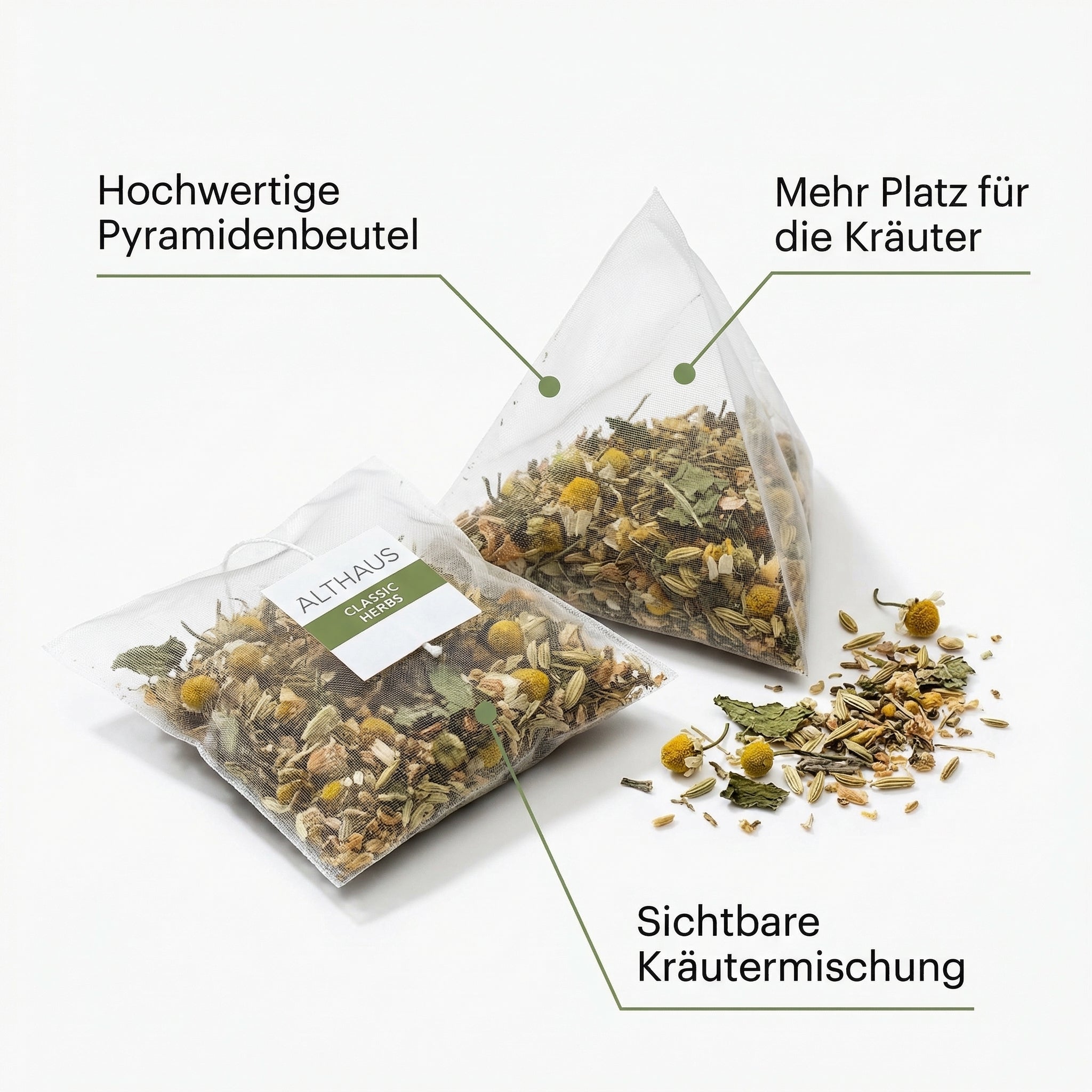 ALTHAUS Kräutertee Classic Herbs, koffeinfrei im Pyramidenbeutel, Pfefferminze-Kamille-Salbei harmonisch abgestimmt, 15 × 2,25 g = 33,75 g, in Deutschland gemischt & verpackt