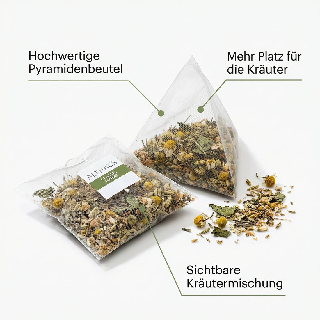 ALTHAUS Kräutertee Classic Herbs, koffeinfrei im Pyramidenbeutel, Pfefferminze-Kamille-Salbei harmonisch abgestimmt, 15 × 2,25 g = 33,75 g, in Deutschland gemischt & verpackt