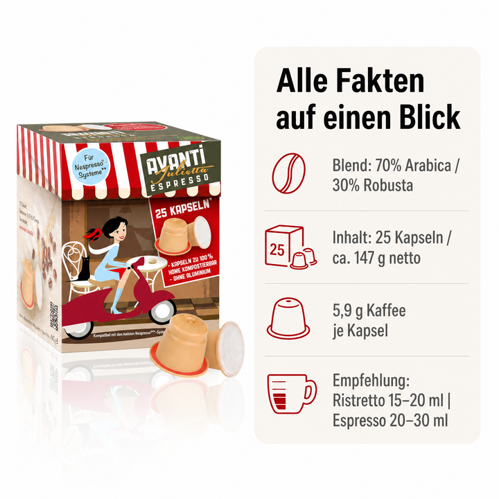 Avanti Julietta in Biocaps* Kapseln, 70% Arabica 30% Robusta, kräftige Crema und geringe Säure, kompostierbare Kapseln ohne Aluminium, kompatibel mit Nespresso Original, 25 Stück