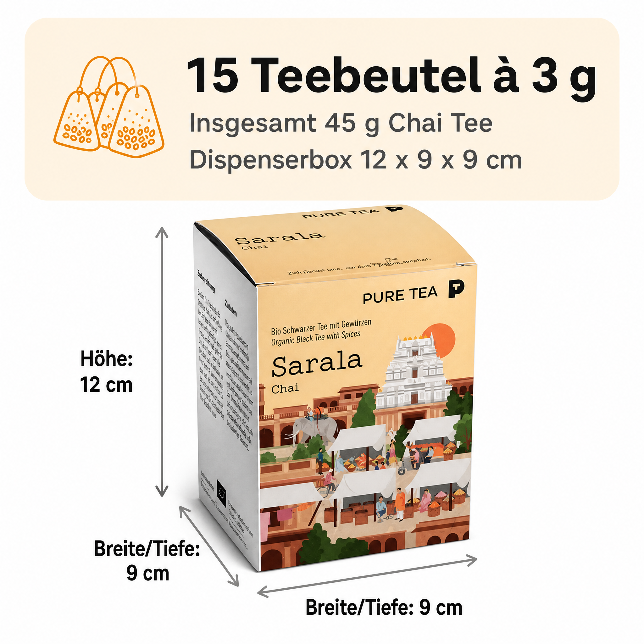 Pure Tea Chai Tee Sarala Chai, Bio-Schwarztee als Gewürztee mit Zimt, Fenchel, Ingwer, Nelken & Anis, Pyramiden-Teebeutel, einzeln verpackt in Dispenserbox, 12 x 9 x 9 cm