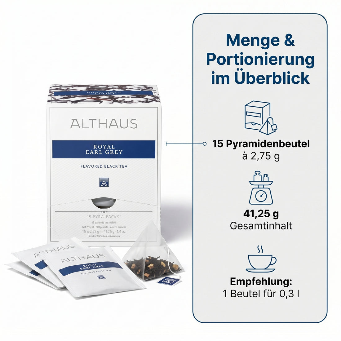 Althaus Earl Grey Teebeutel Royal Earl Grey, aromatisierter Schwarzer Tee mit Bergamotte, Pyramiden-Teebeutel einzeln verpackt, premium Schwarztee, Blended & Packed in Germany, elegante Spenderbox