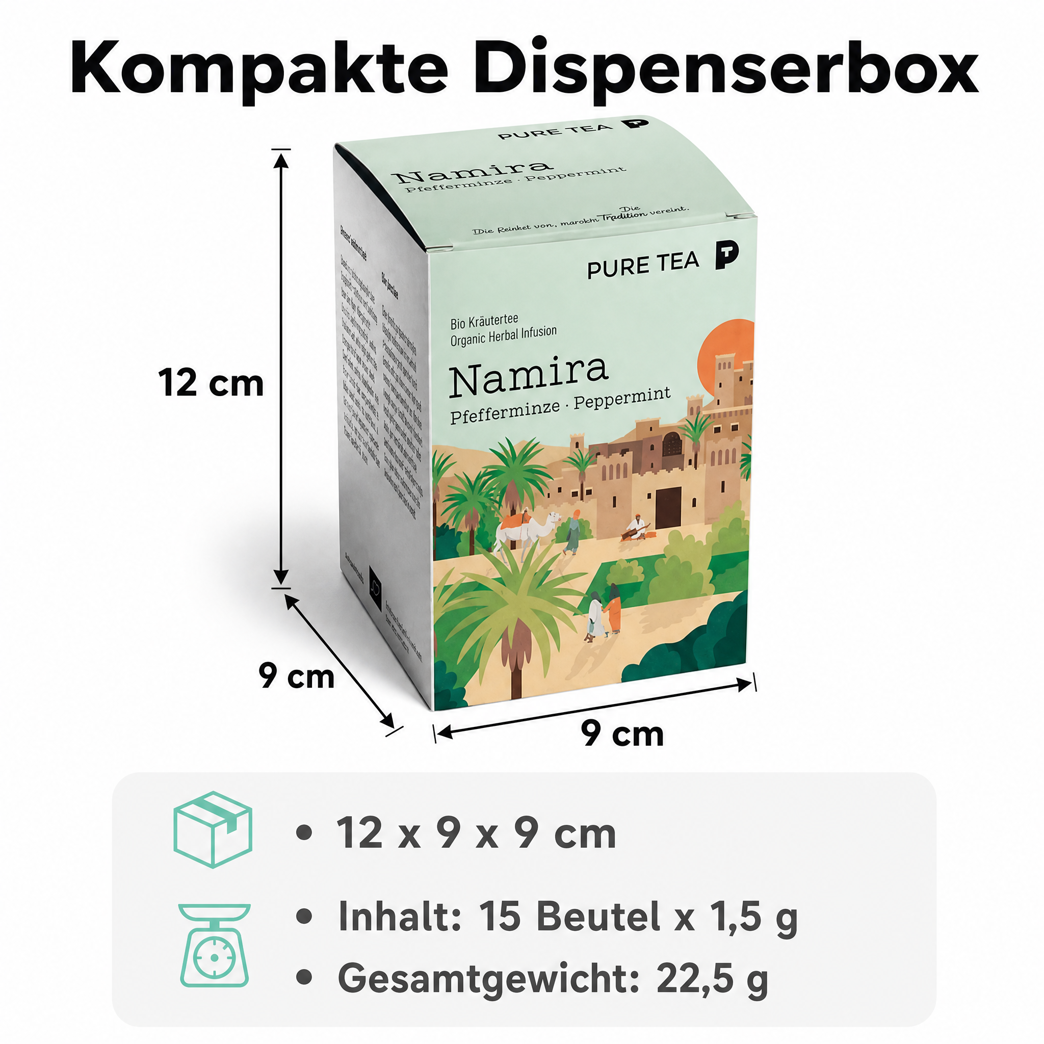 PURE TEA Namira Bio-Pfefferminztee, Kräutertee, 15 Kissenbeutel einzeln verpackt, Dispenserbox 12 x 9 x 9 cm, koffeinfrei, aus biologischem Anbau, mit nordafrikanischem Landschaftsmotiv