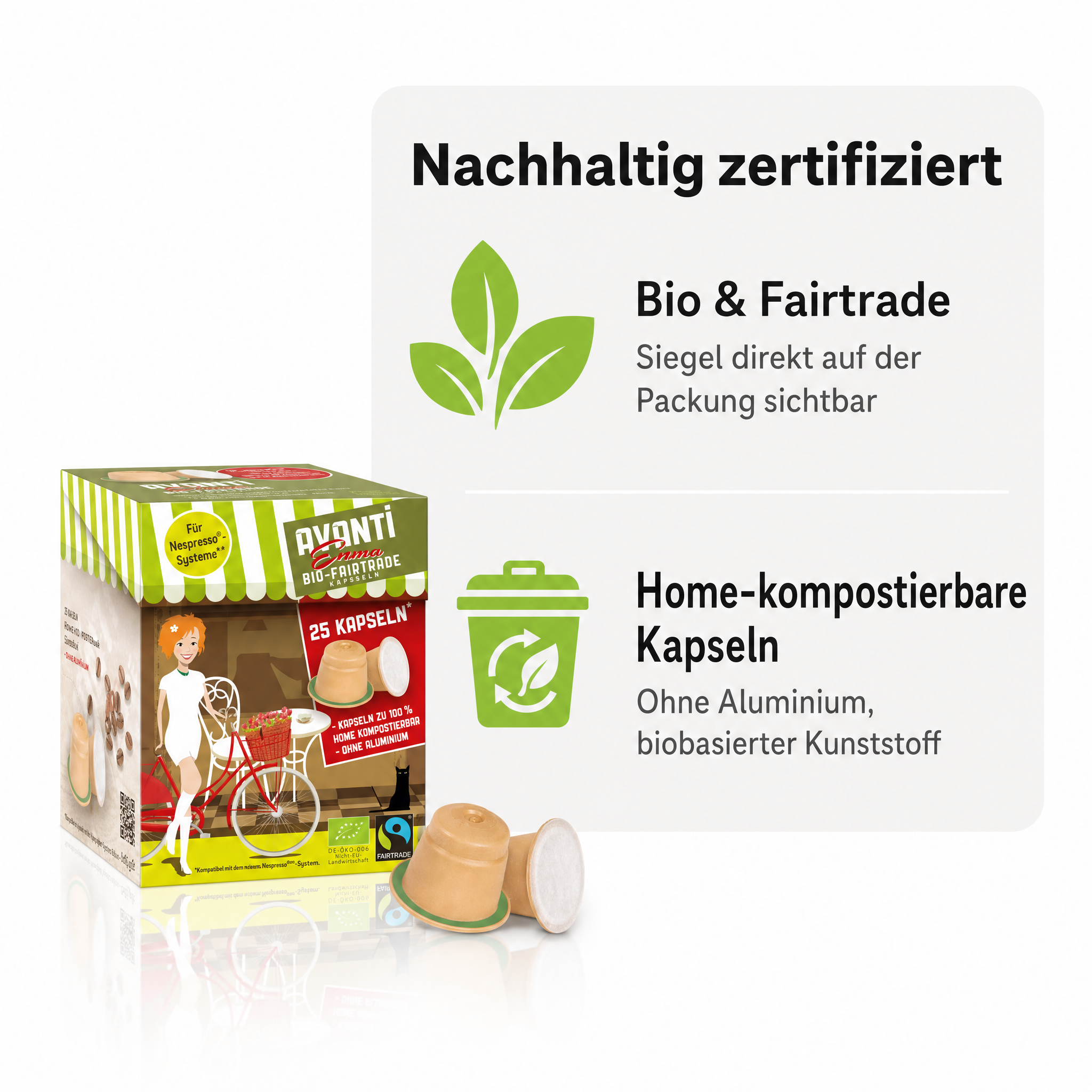 Avanti Kapseln Bio & Fairtrade Espresso EMMA, kompatibel mit Nespresso Kaffeekapseln, kompostierbar & ohne Aluminium, 80% Arabica/20% Robusta, mittel-dunkle Röstung, geröstet in der Schweiz