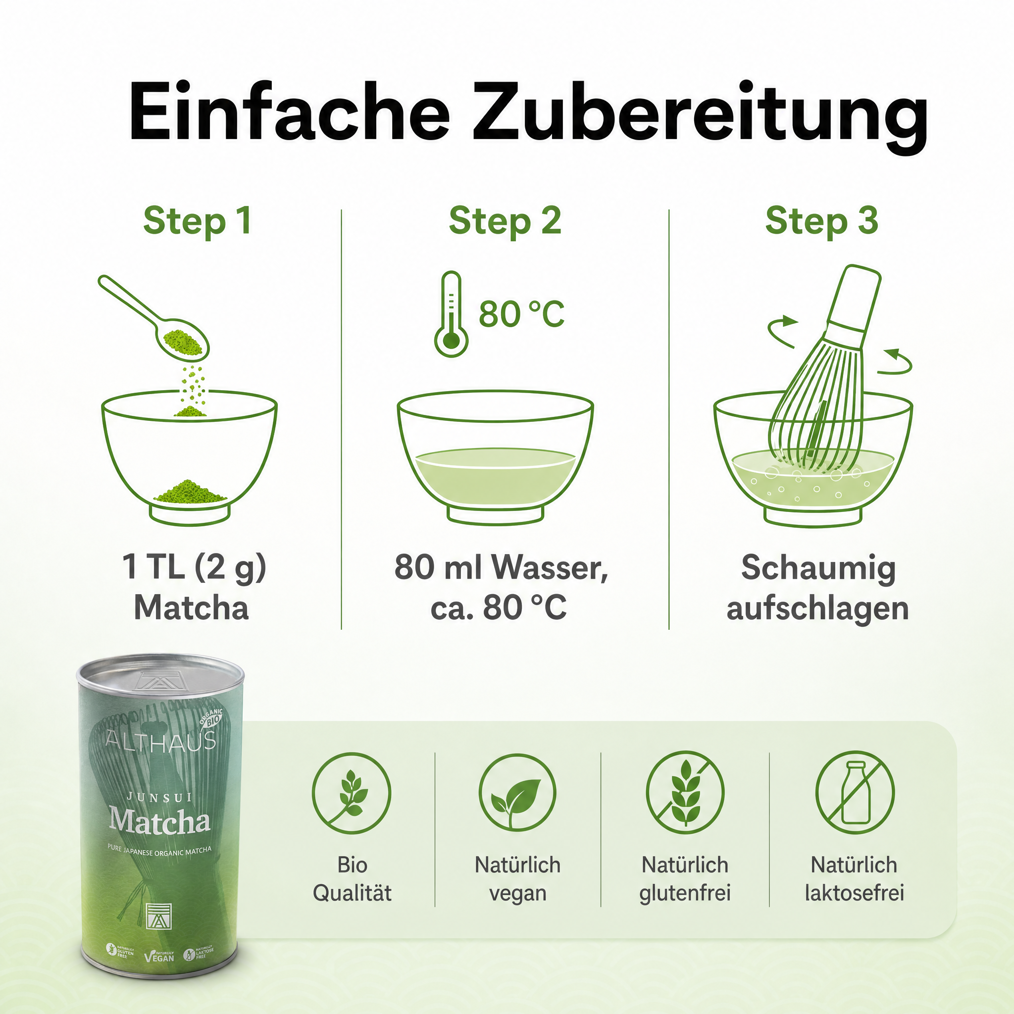 ALTHAUS Junsui Matcha – Japanisches Matcha Pulver, Top-Qualität, reiner japanischer Matcha-Tee, fein gemahlen, leuchtend grün, 150 g in der Dose, vegan, glutenfrei, laktosefrei