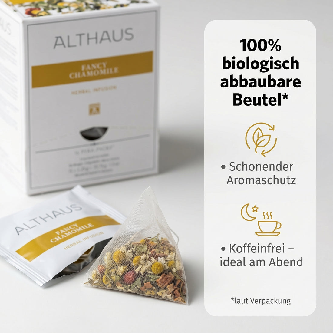 Althaus Kamillentee Fancy Chamomile, Kräutertee im Pyramidenbeutel mit Zitronenverbene, Hagebutte & Zimt, koffeinfrei, 100% abbaubare Beutel, in Deutschland gemischt & verpackt