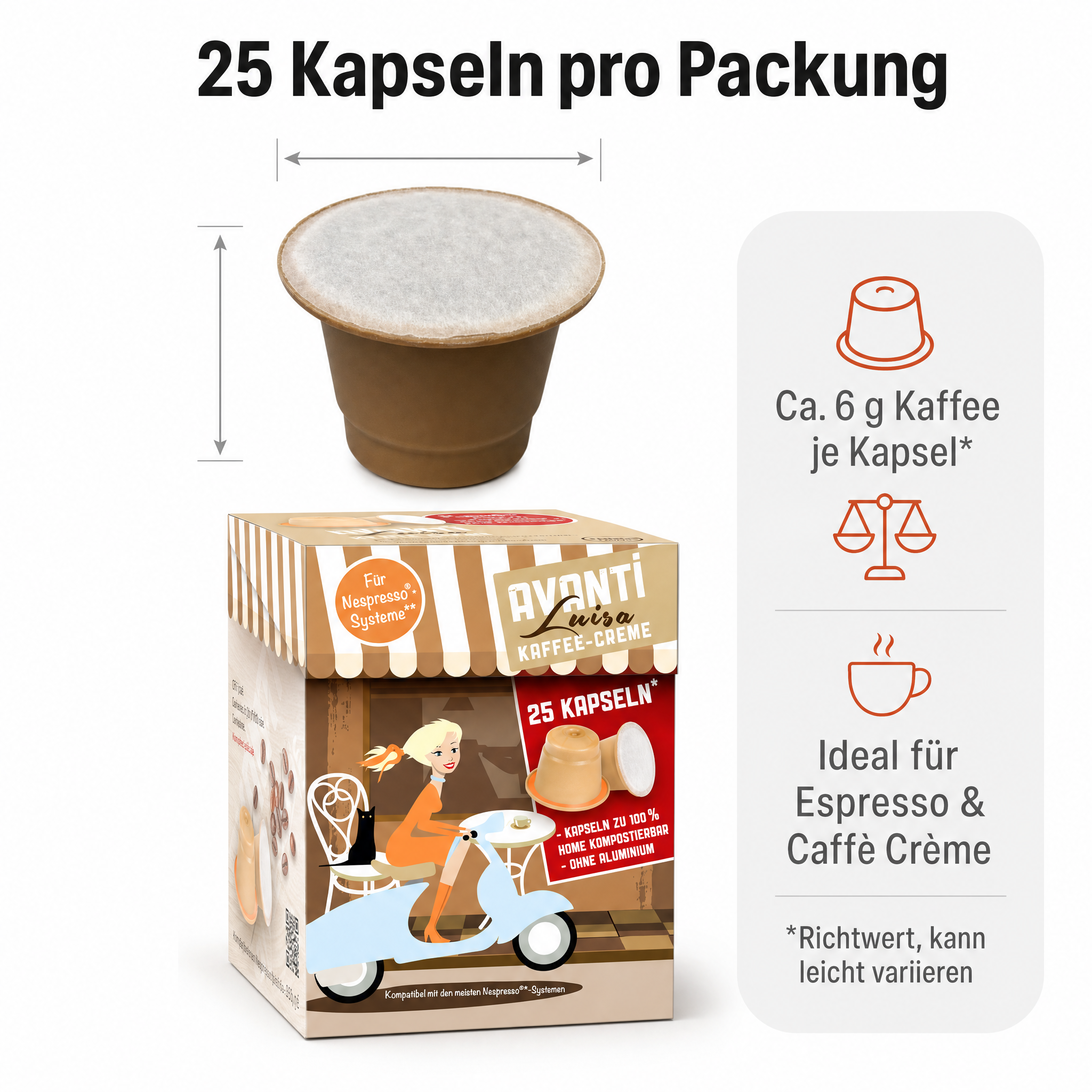 AVANTI Kapseln Luisa – kompatibel mit Nespresso Kaffeekapseln, 25 Stück, 90% Arabica 10% Robusta, säurearm und mild, ohne Aluminium, 100% home‑kompostierbar, 6 g pro Kapsel, dichte Crema