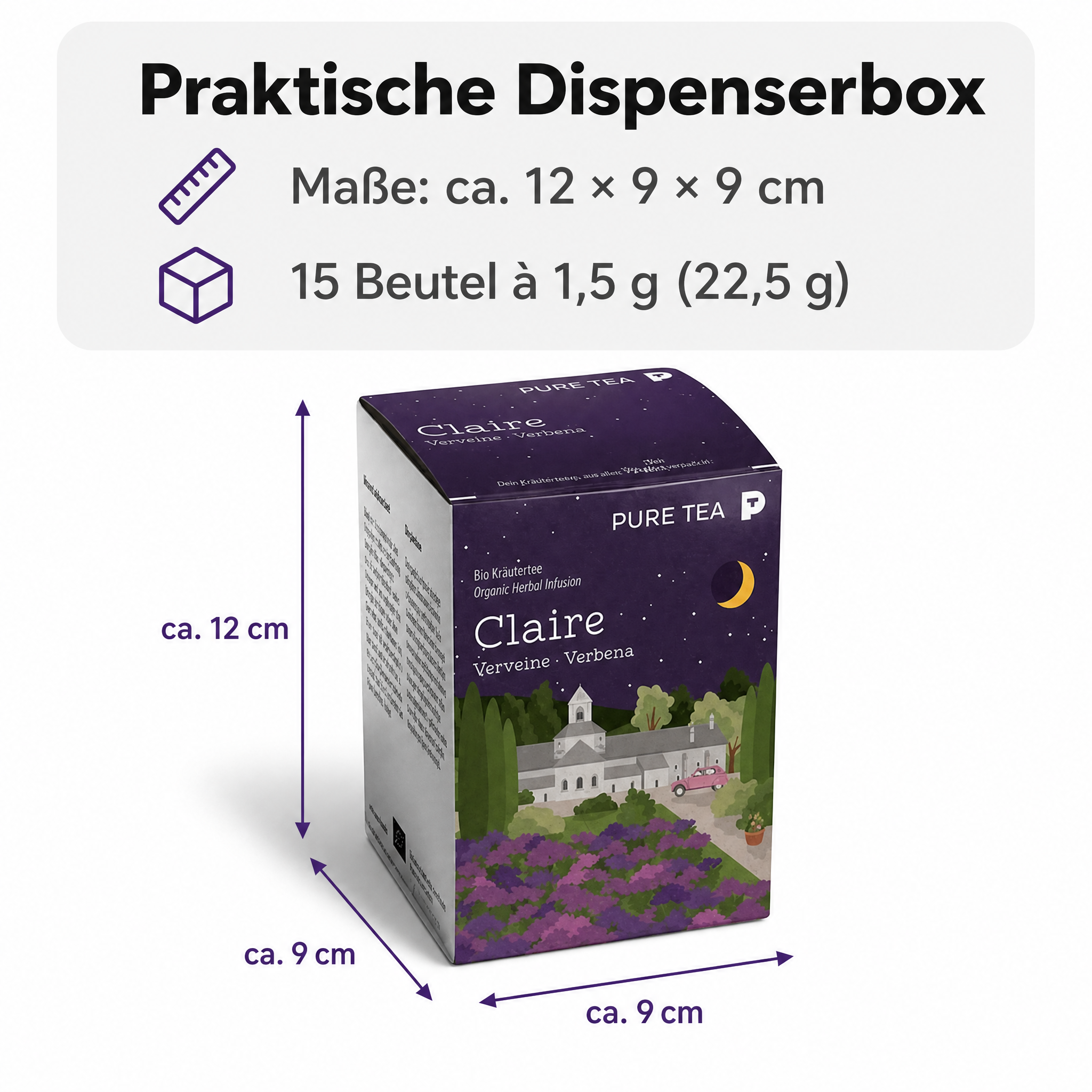 PURE TEA Zitronenverbene Tee Claire Verveine, Bio Kräutertee im handgenähten Kissen-Teebeutel, 15 x 1,5 g, zart zitroniger Geschmack, Dispenserbox 12 x 9 x 9 cm