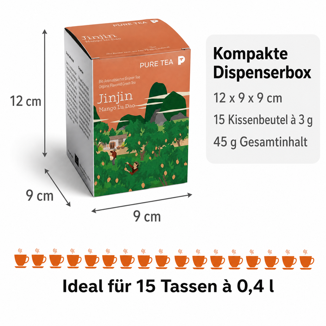 PURE TEA Jinjin Bio Grüner Tee Mango Lu Dao, aromatisierter Grüntee in flachen Kissenbeuteln, 15 x 3 g, einzeln verpackt, Dispenserbox 12 x 9 x 9 cm, glutenfrei, mittlerer Koffeingehalt
