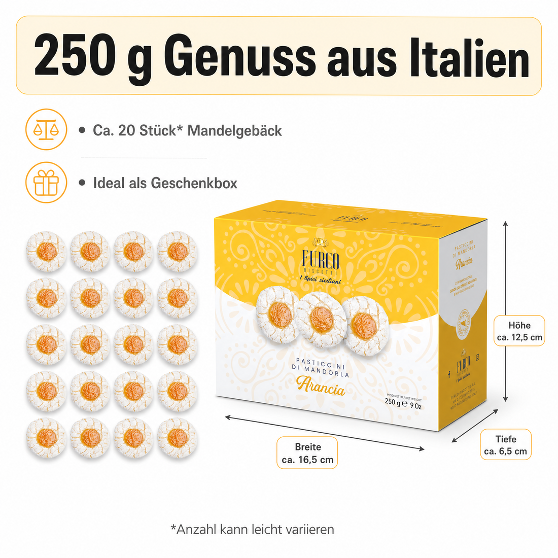 Furco Mandelgebäck Pasticcini di Mandorla Arancia, Italienische Kekse mit Orange, Sizilianisches Gebäck in Geschenkbox, Amarettini, Hergestellt in Italien, 250 g