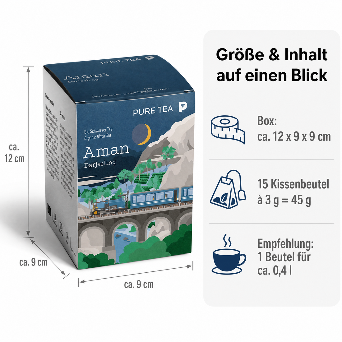 PURE TEA Aman Darjeeling Tee, Bio-Schwarztee mit g.g.A., handgepflückt im Himalaya, handgenähte Kissenbeutel, einzeln verpackt und aromaversiegelt, Dispenserbox, kontrolliert biologischer Anbau gemäß EU-Öko-Standards (Kontrollstelle PL-EKO-01)