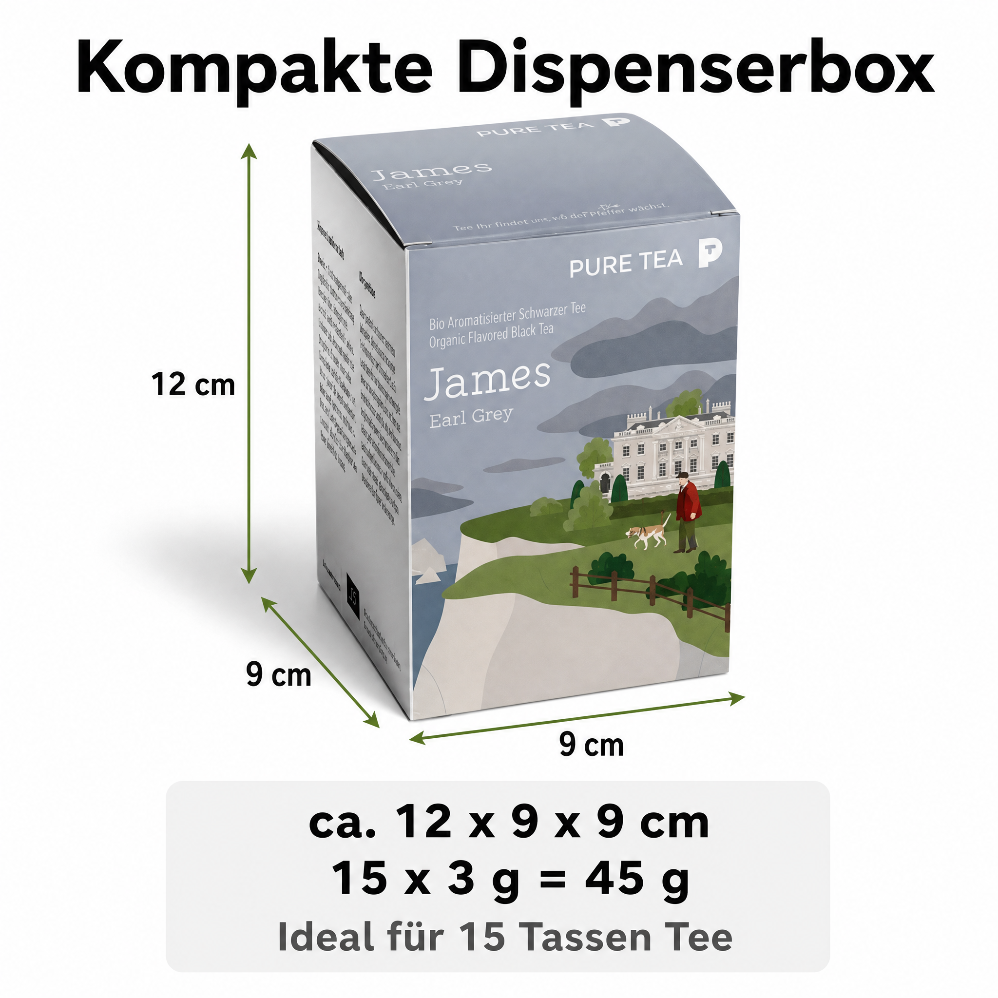Pure Tea James Earl Grey Teebeutel, Bio-Schwarztee mit Bergamotte, aromatisierter schwarzer Tee im Kissenbeutel, einzeln verpackt in eleganter Dispenserbox, britischer Afternoon-Tea-Genuss