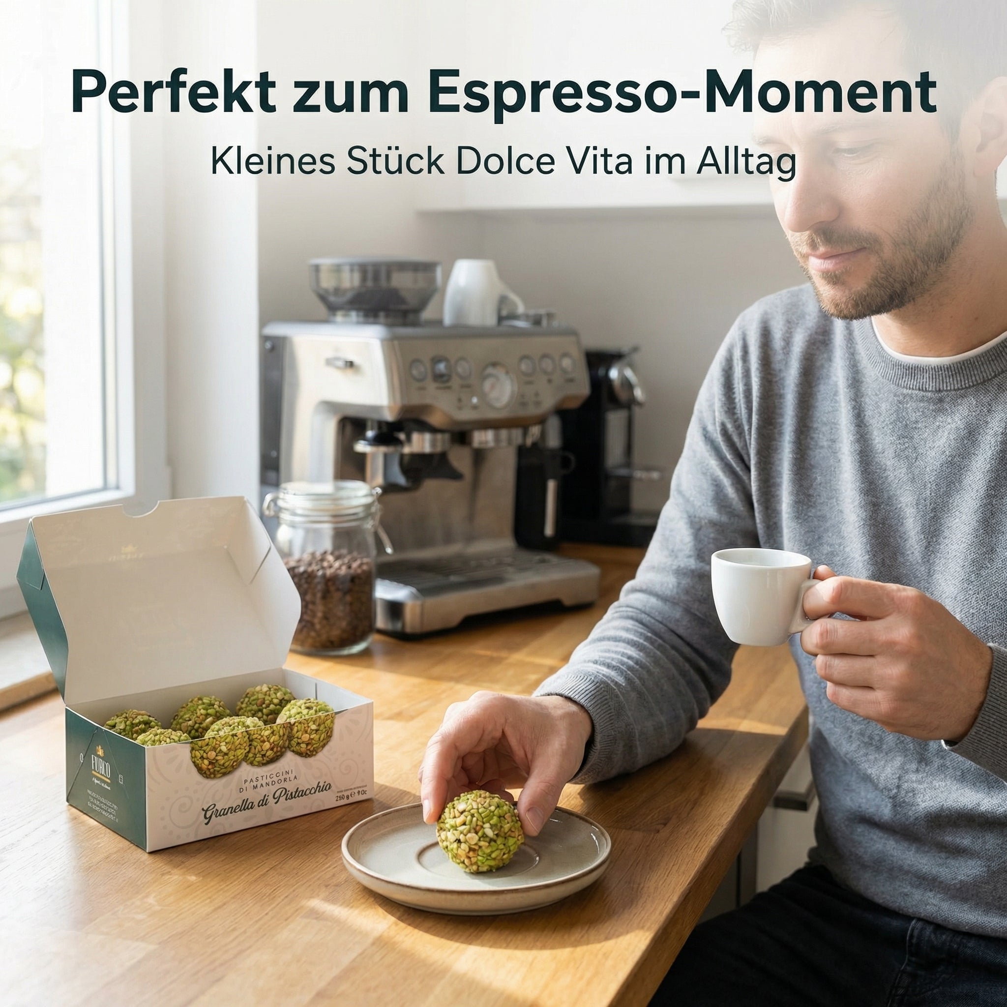 FURCO Pasticcini di Mandorla, italienisches Mandelgebäck mit Pistazien-Granella, sizilianisches Mandelgebäck für Espresso & Kaffee, Pistaziengebäck in Box, 250 g