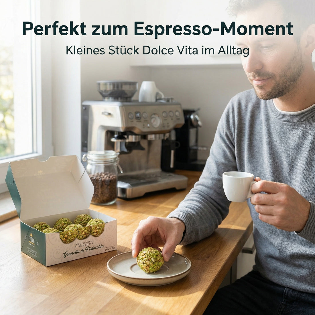 FURCO Pasticcini di Mandorla, italienisches Mandelgebäck mit Pistazien-Granella, sizilianisches Mandelgebäck für Espresso & Kaffee, Pistaziengebäck in Box, 250 g