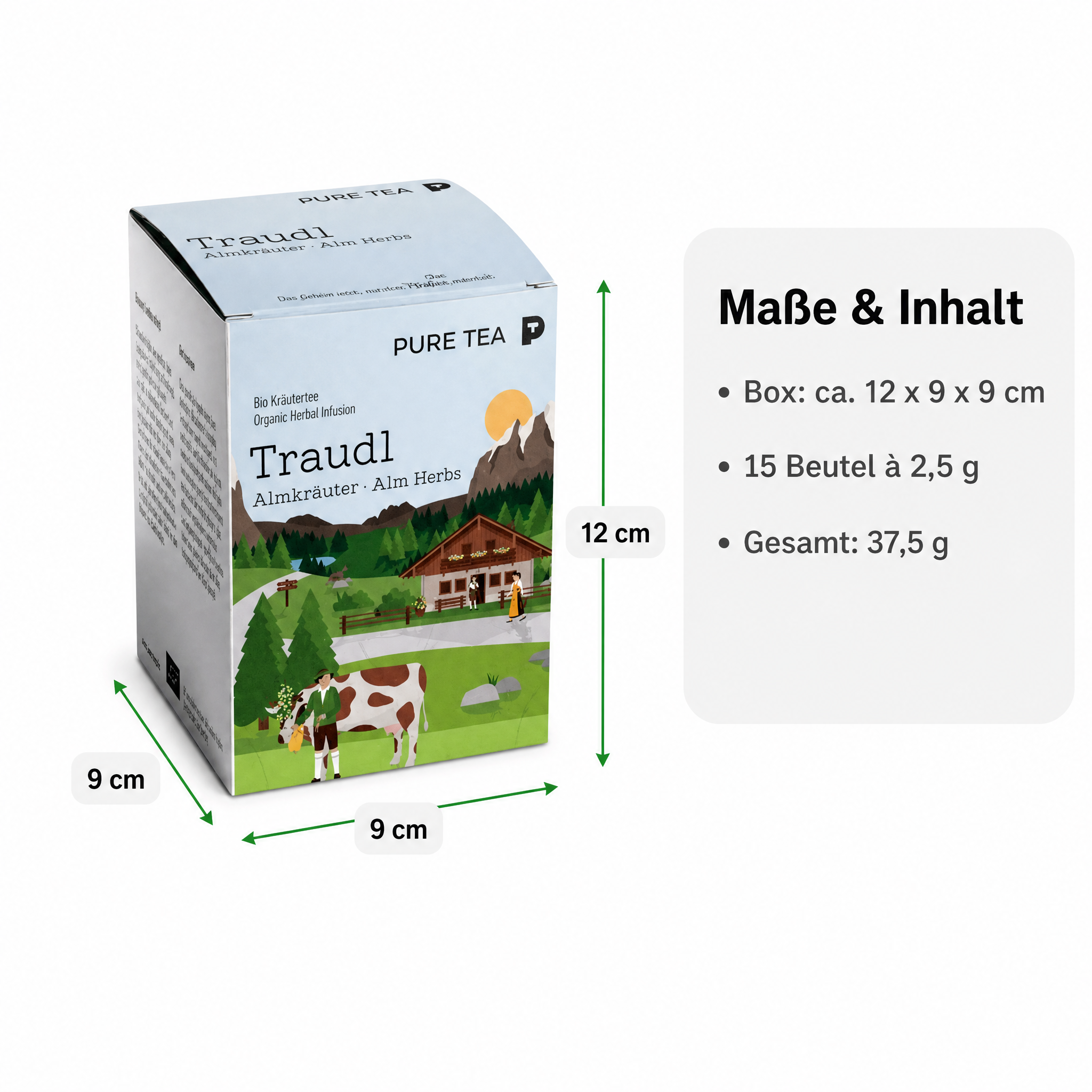 PURE TEA Traudl Bio Kräutertee Almkräuter, koffeinfreier Alpenkräuter Tee als Kräutermischung mit Spitzwegerich, Apfelminze & Melisse, einzeln verpackte Kissenbeutel in Dispenserbox